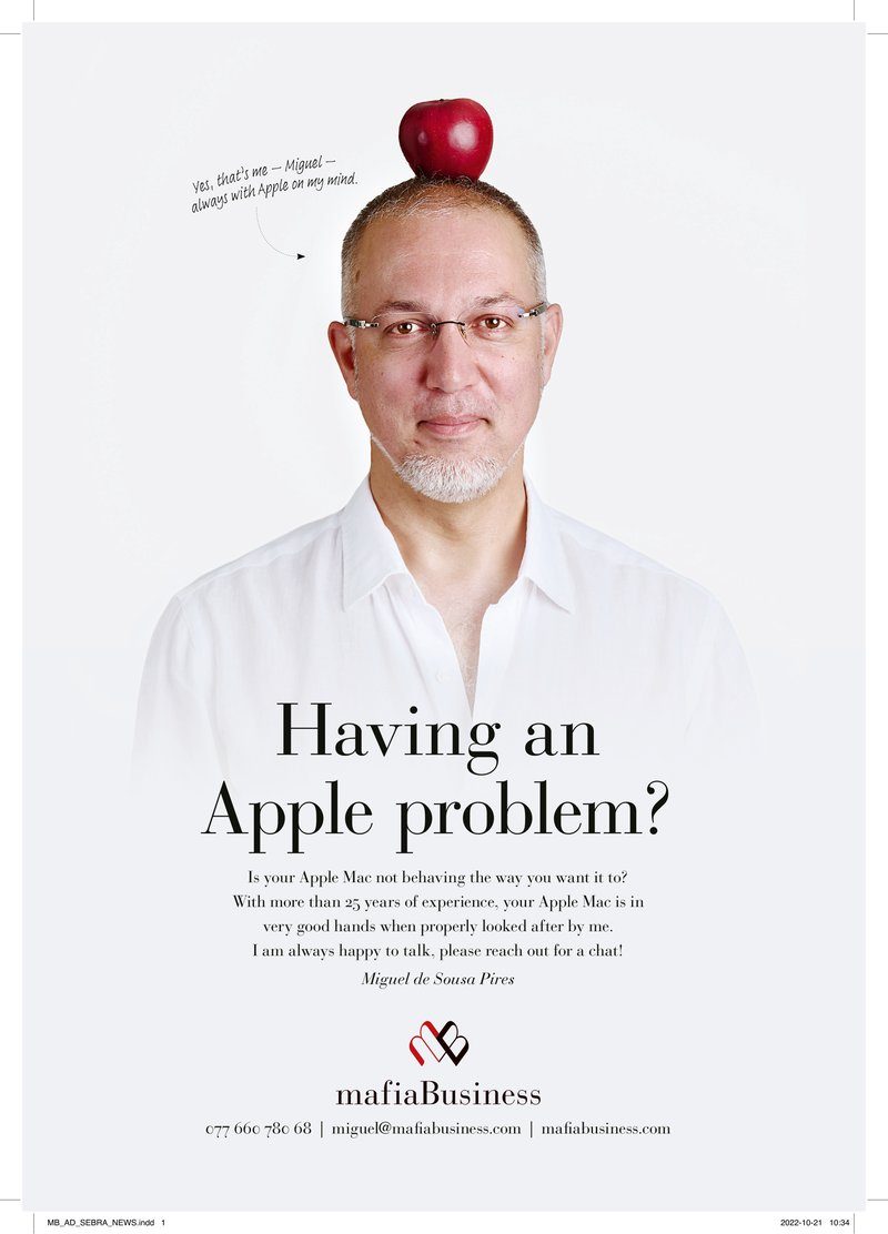 mafiaBusiness advertisement in SEBRA News W2 — Having an Apple problem? Miguel de Sousa Pires Apple Mac support London